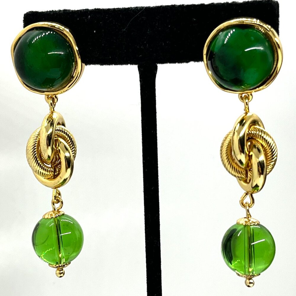 VINTAGE STYLE GREEN Cabochon Earrings Gold Tone Knot Dangle Signed Couture Look